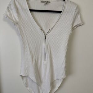 Express White Ribbed V-Neck Zip Front Bodysuit